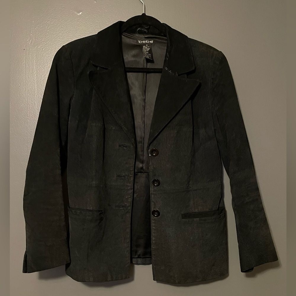 Bebe Black Genuine Leather Blazer Jacket Tailored Fitted Classic Moto Women M